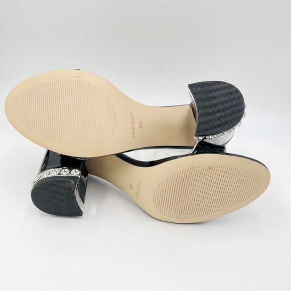 Nine West Size 8 Abigail Black‎ Patent Leather Jeweled Block Heel Dress Sandals - Picture 9 of 13